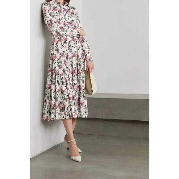 Emilia Wickstead Marion Belted Pleated Cotton-Blend Moire Midi Dress in White - Picture 2 of 5